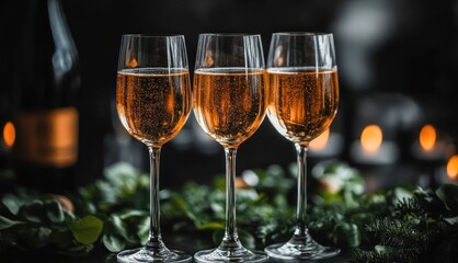 Fototapeta premium Three champagne glasses with candles and greenery.