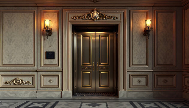 Antique style, hall and doors of a classic elevator in an old-fashioned hotel or palace, digital art, with white tones