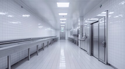 A factory interior designed for cleanliness with easy-to-clean surfaces and layouts