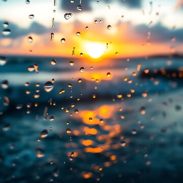 Fototapeta Beautiful sunrise view seen through rain-speckled glass, creating a dreamy effect with blurred ocean waves and warm glowing colors.