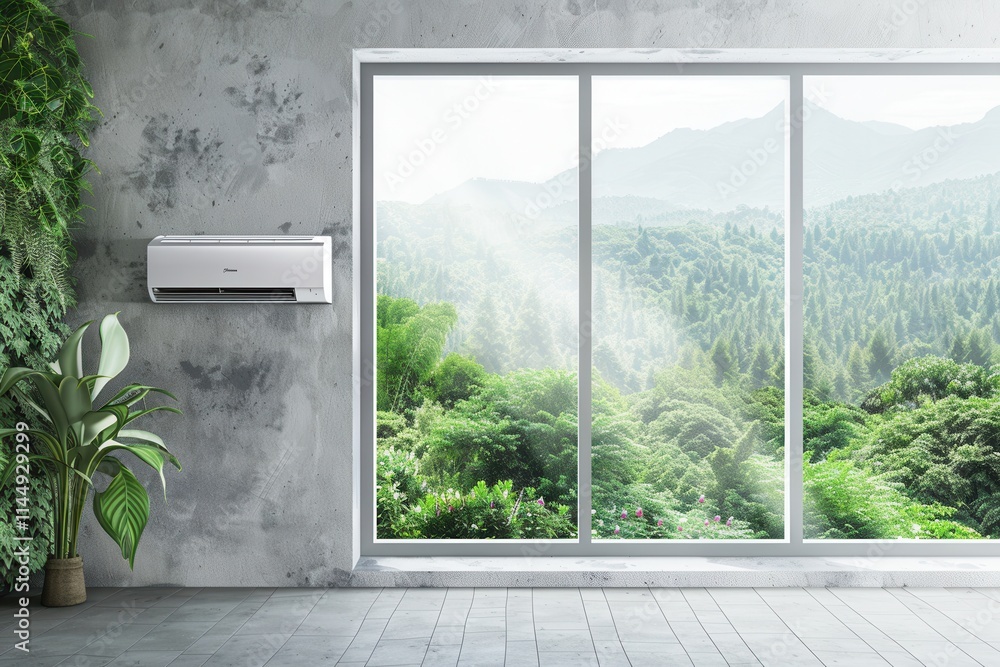 Poster air conditioner mounted on wall near large open window with view of green mountains and trees during