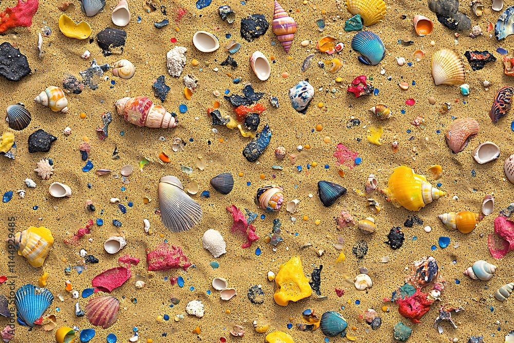 Aufkleber vibrant sand texture dotted with tiny colorful seashells and fragments creating lively and natural c
