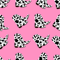 Seamless pattern with cowgirl boots. Fashion cow print. Cowboy western and wild west theme. Hand drawn vector illustration