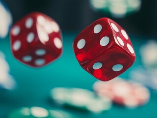 Red dice rolling through the air above a green felt gaming table in a lively casino atmosphere