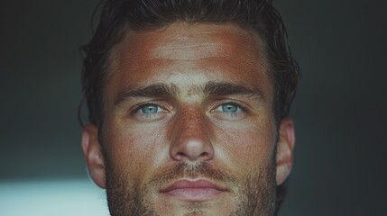 Obraz premium Close-up portrait of a handsome man with blue eyes and sun-kissed skin.