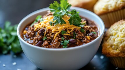 Fototapeta premium Savory Chili with Cheese and Fresh Cilantro in White Bowl