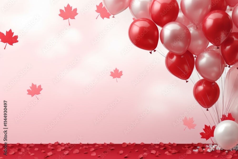 Aufkleber festive red and white balloons float against a pink backdrop adorned with maple leaves, creating a c
