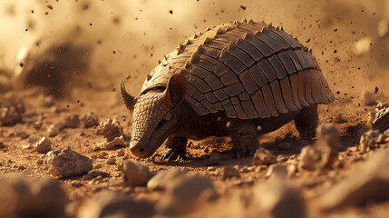 Fototapeta premium A tight shot of an armadillo on dirt-scattered ground, speckled with rocks in the foreground, and a blurred background. Carapace. Illustration