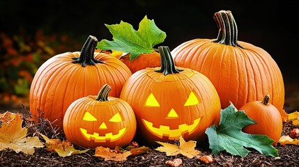 Illuminated jack-o'-lanterns and pumpkins on autumn leaves.