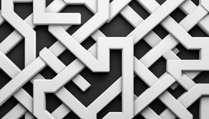 A modern abstract design featuring interwoven white geometric shapes on a dark background, creating a visually striking pattern.