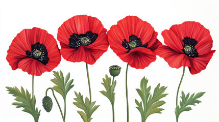 Obraz premium A crisp depiction of vivid red poppy flowers with black centers, gracefully arched stems, and fine details in the petals and leaves. The bold colors pop distinctly against the pure white background, c