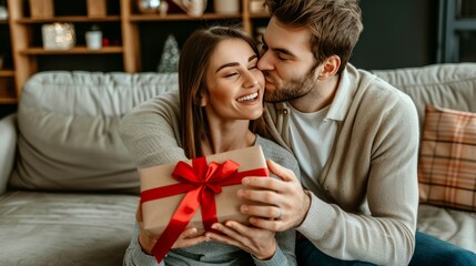 Happy young woman giving a gift to her husband at home. The happy couple is hugging and kissing, creating a Valentine's Day concept in a home background