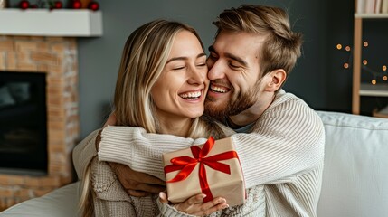 Happy young woman giving a gift to her husband at home. The happy couple is hugging and kissing, creating a Valentine's Day concept in a home background