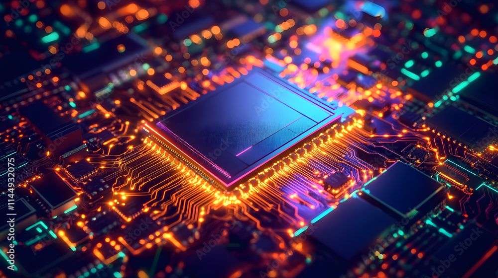 Poster a central processor is highlighted by glowing circuit pathways, showcasing advanced technology