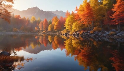 A picturesque sunrise over a calm lake with reflections of colorful autumn foliage, landscape, vintage