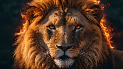 Fototapeta premium Powerful Lion with Fiery Aura Surrounding Majestic Features Symbolizing Strength and Dominance 