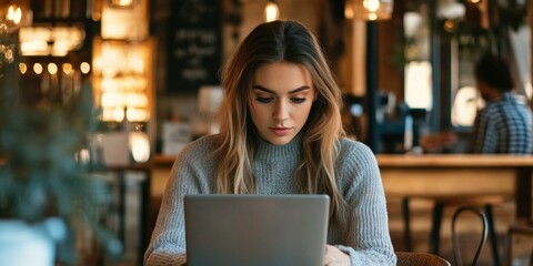 Woman using laptop in cafe