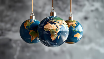 Three pendant Earth globes arranged in a row against a blurred gray background. Clear continent outlines and reflective surface, asian style, with white tones
