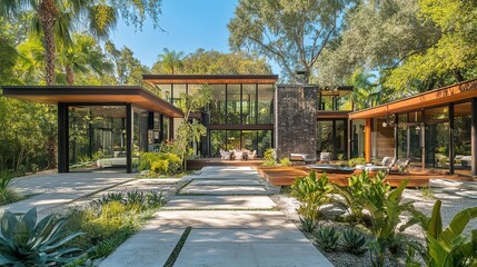 A chic, sustainable mansion with energy-efficient features, modern architecture, and eco-friendly landscaping