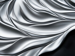 A close-up view of smooth, flowing metallic fabric displaying elegant curves and reflections in shades of silver and gray.