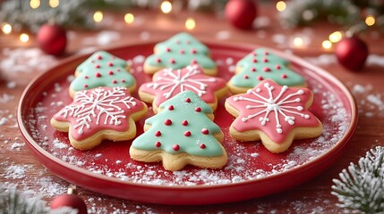 A plate of holiday cookies with red and green icing designs arranged on a red background