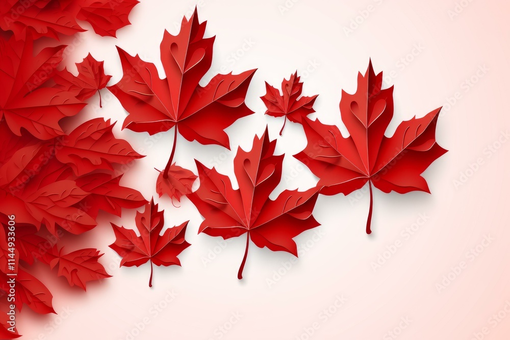 Poster red maple leaves falling from a dense group, creating a gradient effect, on a white background