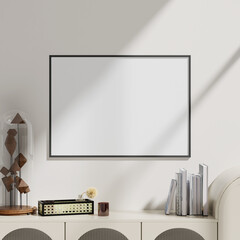 Interior mockup with frame hanging on the wall and desk