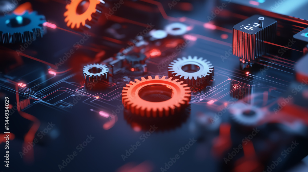 Poster intricate gears and circuitry showcase advanced technology in a vibrant digital environment