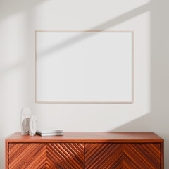 Interior mockup with frame hanging on the wall and desk