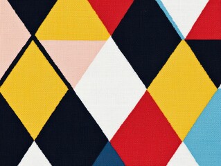 A vibrant geometric pattern featuring colorful diamonds in red, yellow, black, and blue, creating a modern and dynamic textile design.