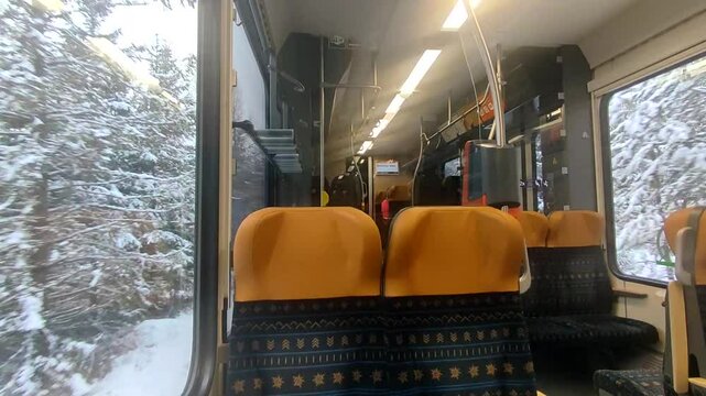 View from inside the carrriage of the modern electric train going to Strbske Pleso in Slovakia, in Tatres mountains	
