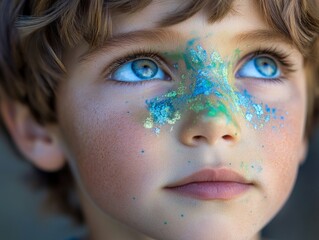 Modern, bold portrait of a young boy with green glitter and speckled face paint, exuding vibrancy and curiosity amidst a softly lit, neutral background