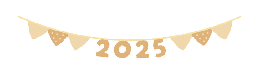 2025の文字と三角形のフラッグ - 手描きのかわいい2025年のデザイン用デコレーションガーランド