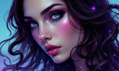 A woman with long dark hair and blue eyes