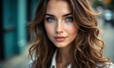 A woman with long brown hair and blue eyes