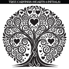 Tree carvings (heart and initials) silhouette vector