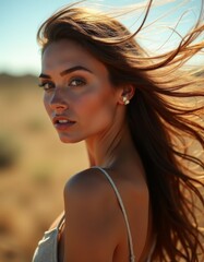 A woman with long brown hair standing in the desert