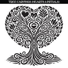 Tree carvings (heart and initials) silhouette vector