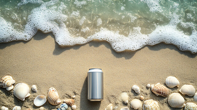 Oceanside Refreshment: Aluminum Can on Sandy Beach 