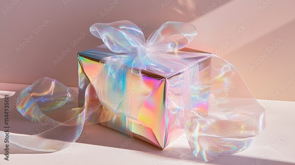 Poster iridescent gift box with transparent ribbon on soft background