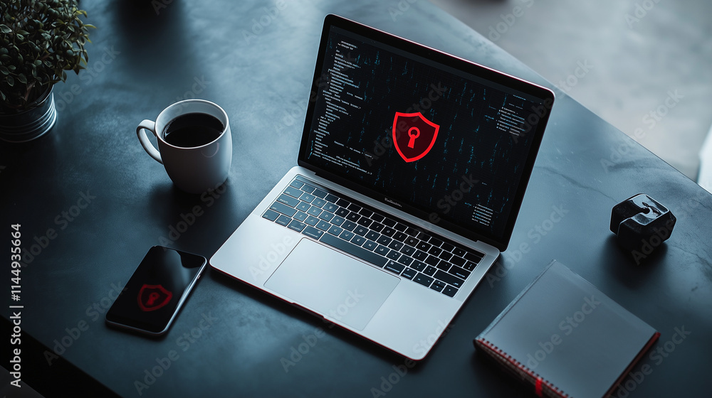 Aufkleber a modern workspace with an open laptop showing a bright red shield and padlock icon on the screen, s