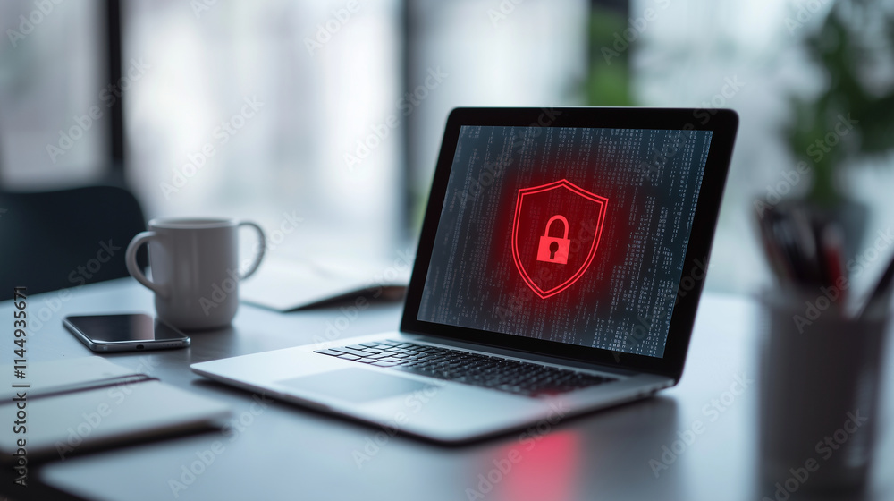Poster a modern workspace with an open laptop showing a bright red shield and padlock icon on the screen, s