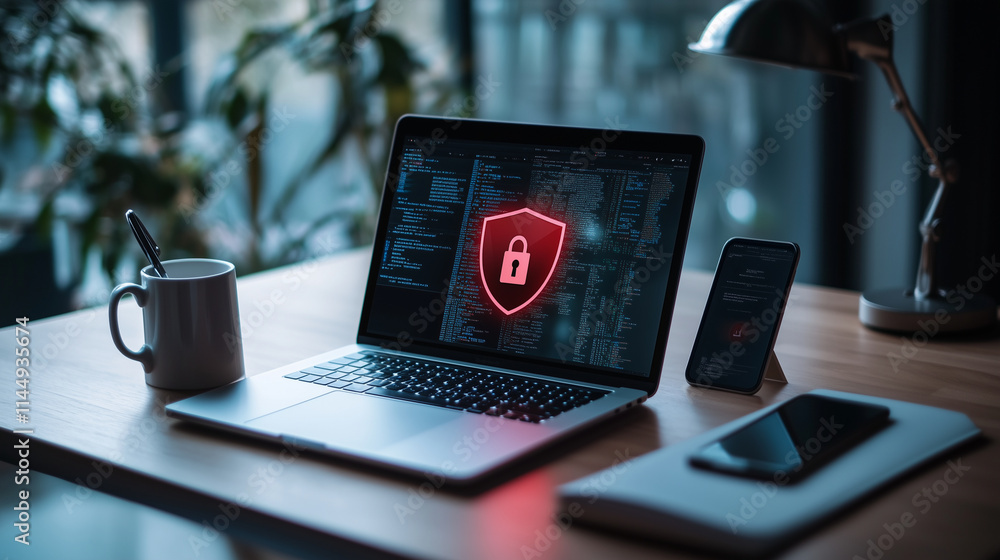 Aufkleber a modern workspace with an open laptop showing a bright red shield and padlock icon on the screen, s