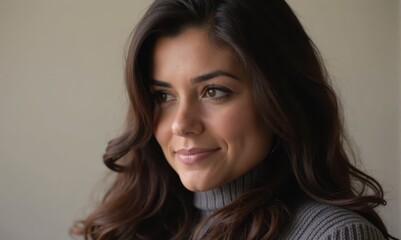 Fototapeta premium A woman with long brown hair wearing a gray sweater