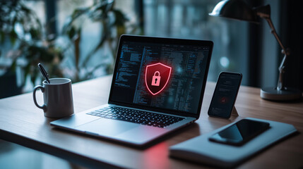 A modern workspace with an open laptop showing a bright red shield and padlock icon on the screen, surrounded by a minimalistic setup of coffee mug, notebook, and smartphone