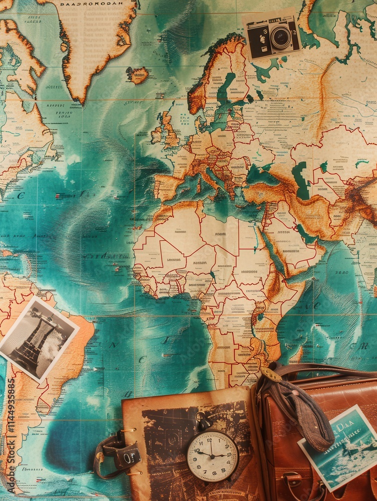 Aufkleber travel memories displayed on a world map highlighting exciting adventures and exploration opportunit