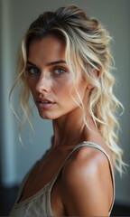 A woman with blonde hair is posing for a picture