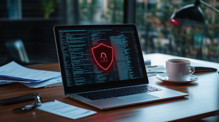 An open laptop on a corporate desk, with a bold red shield and padlock graphic dominating the screen, framed by scattered documents and a cup of coffee