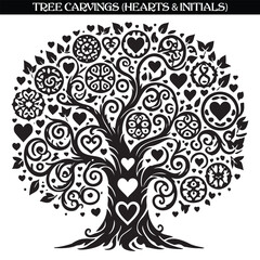 Tree carvings (heart and initials) silhouette vector