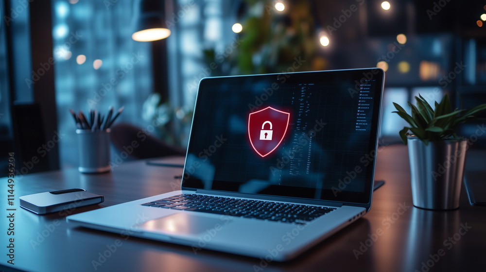 Poster an open laptop featuring a red shield and padlock icon on the screen, resting on a modern desk with 